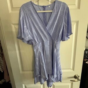 Light Blue Plaid Wrap Dress